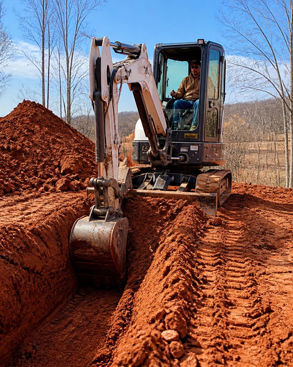 Compact excavator digging a trench in Tennessee clay on a job site