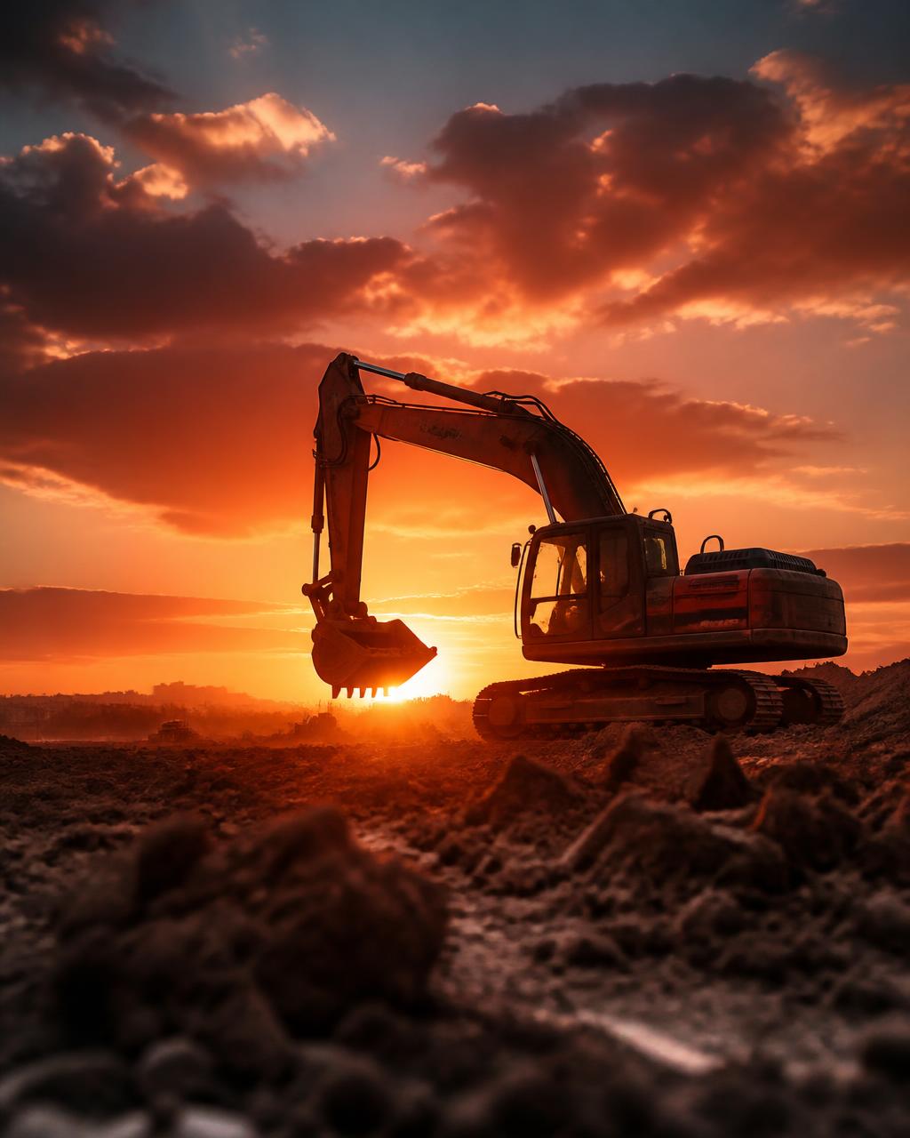 Excavator silhouetted against a sunrise sky at a Manasseh Construction job site