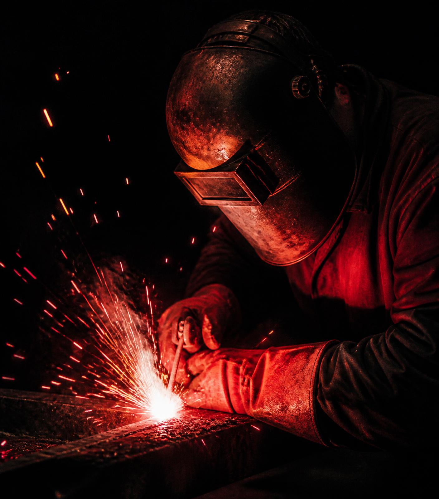 Welder striking an arc on heavy steel, sparks in darkness